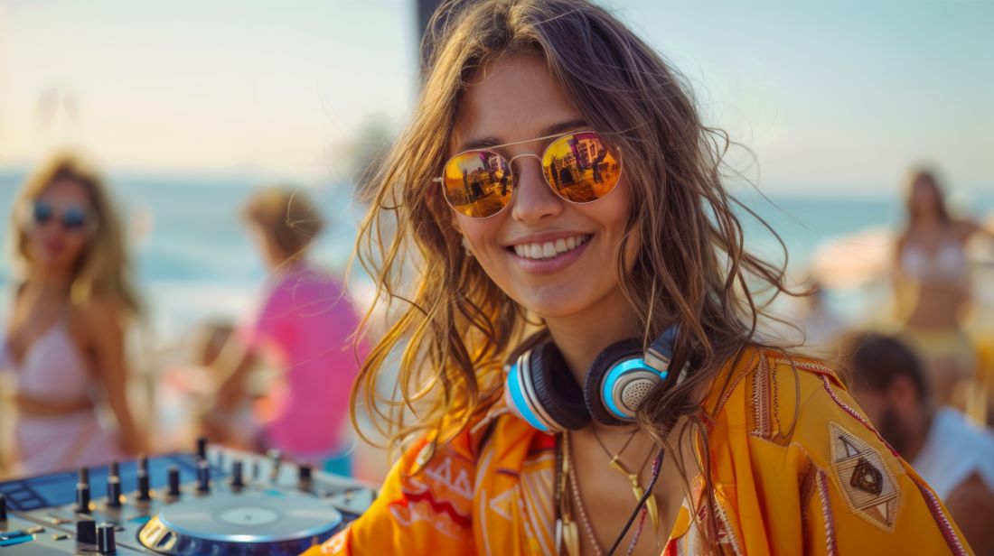 beautiful young woman dj at a beach party in Miami beach