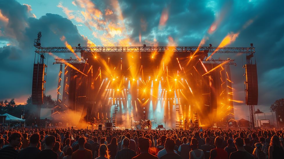 The image captures a lively concert crowd under a sky bursting with stage lights as evening sets in